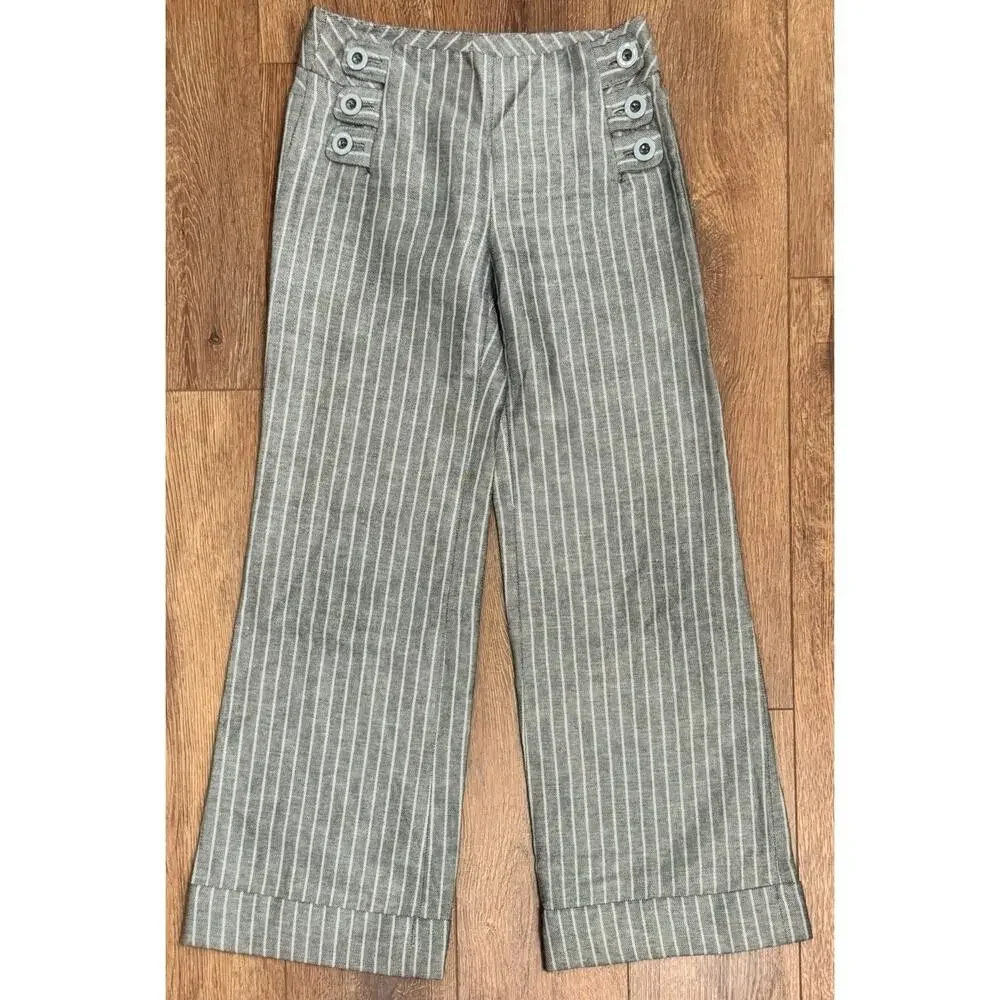 Elevenses Pants Linen Sz 0 Gray Dress Front Detail Striped Wide Leg Boho Office - Picture 2 of 3